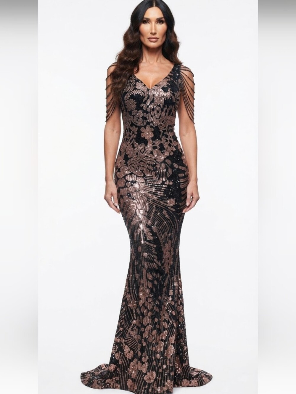 Black and Gold, Floral Print, Beaded Draped Sleeves,  Sequined and Mesh Gown
